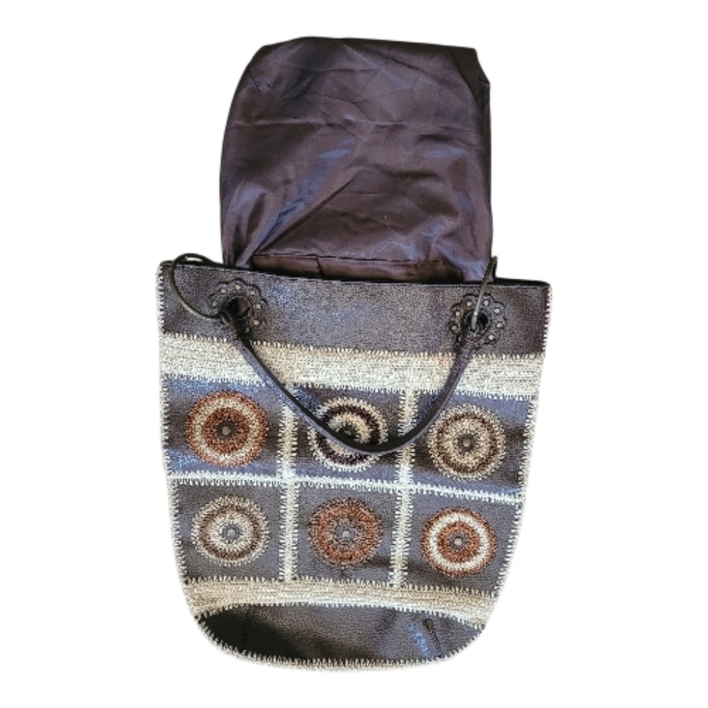 Large Boho Crochet Patchwork Shoulder Bag Leather… - image 4